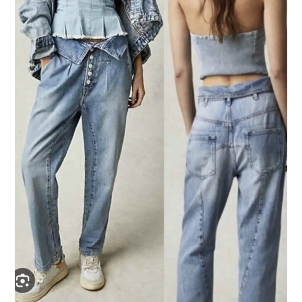 We The Free Free People Noah Foldover Harem Jeans Pants Size M Light Wash Blue